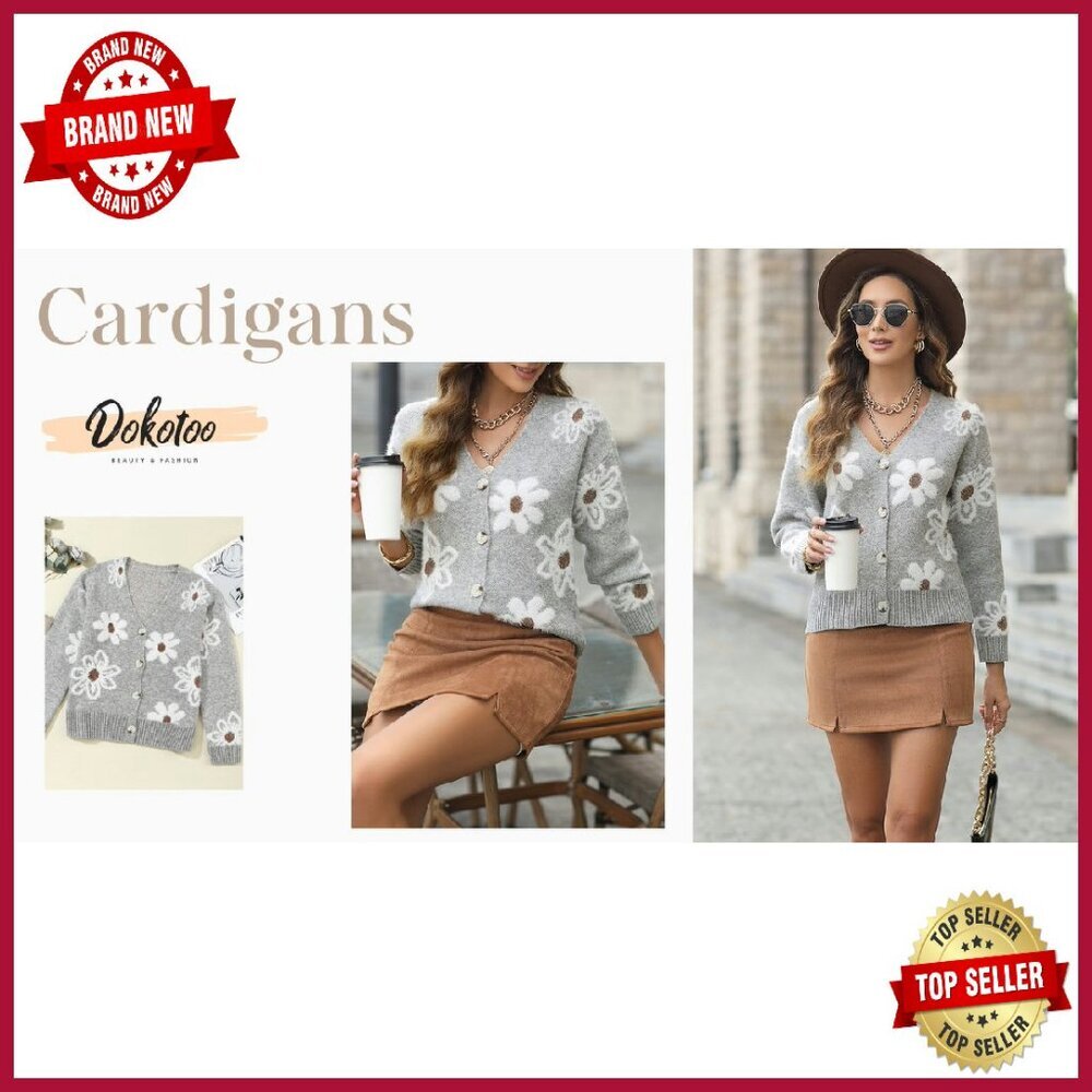 Floral V-Neck Cardigan Sweater Long Sleeve Open Front Knit - Picture 6 of 7